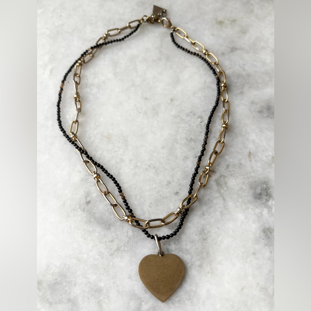 Gold Heart pendant on double strand paper clip chain and black beaded necklace
